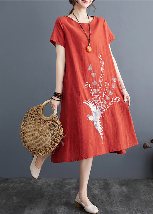 Embroidered Dress Summer Brick Linen Red Day FashionChic