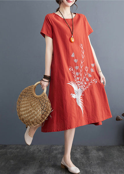 Embroidered Dress Summer Brick Linen Red Day FashionChic