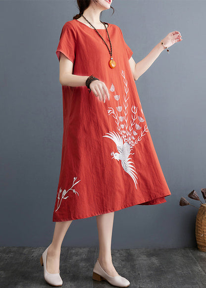 Embroidered Dress Summer Brick Linen Red Day FashionChic