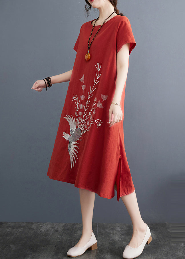 Embroidered Dress Summer Brick Linen Red Day FashionChic