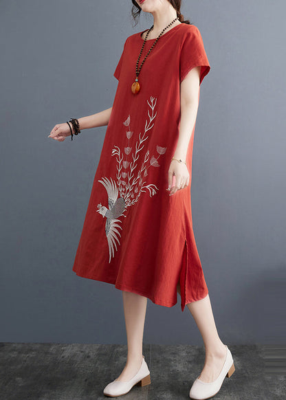 Embroidered Dress Summer Brick Linen Red Day FashionChic