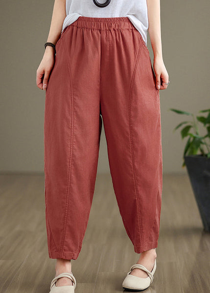 Brick Red Pockets Cotton Pants Elastic Waist Fall  QO052 OM-ZS241008