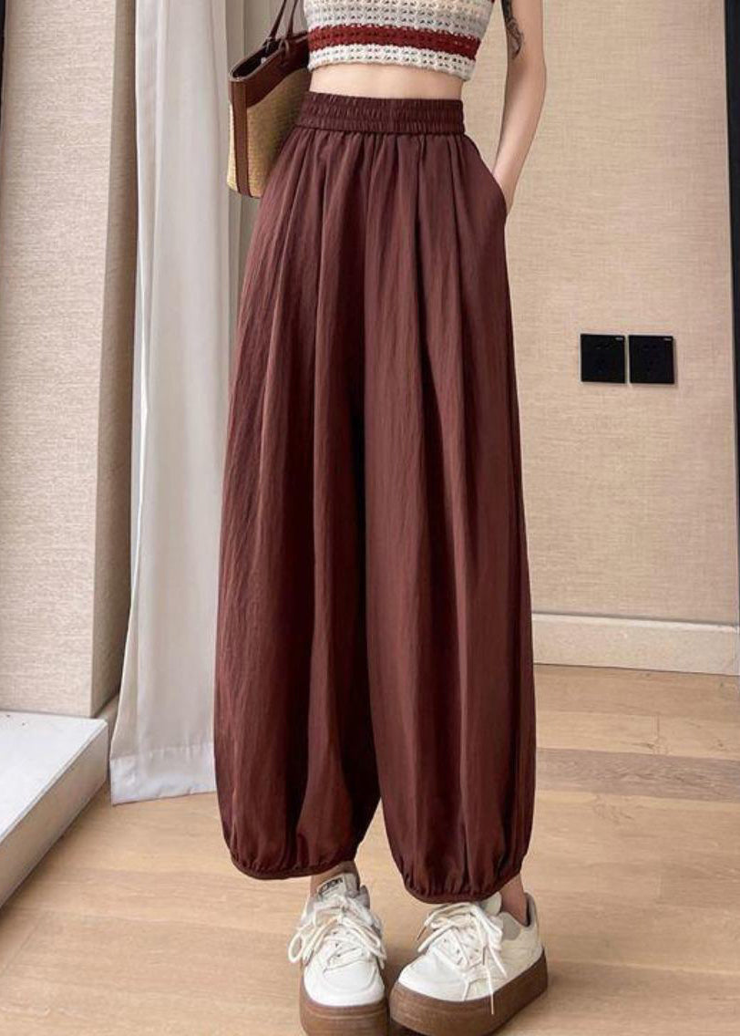 Pockets Elastic Pants Waist Brick Red Crop Solid Summer Cotton FashionChic