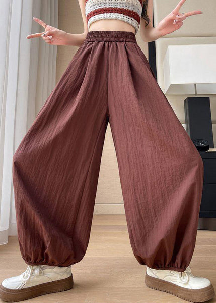 Pockets Elastic Pants Waist Brick Red Crop Solid Summer Cotton FashionChic