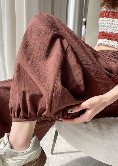 Pockets Elastic Pants Waist Brick Red Crop Solid Summer Cotton FashionChic