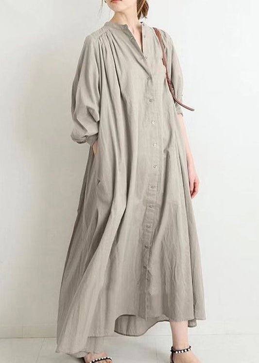 Brief Apricot Stand Collar Low High Design Maxi Shirt Dress Puff Sleeve VB1090 Ada Fashion