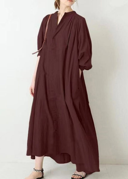 Brief Apricot Stand Collar Low High Design Maxi Shirt Dress Puff Sleeve VB1090 Ada Fashion