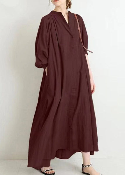 Brief Apricot Stand Collar Low High Design Maxi Shirt Dress Puff Sleeve VB1090 Ada Fashion