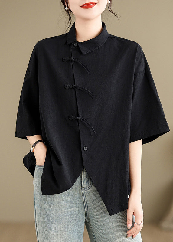 Brief Black Peter Pan Collar Button Shirts Summer UU029 OM-MM240820