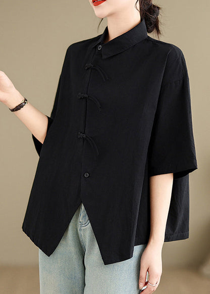 Brief Black Peter Pan Collar Button Shirts Summer UU029 OM-MM240820