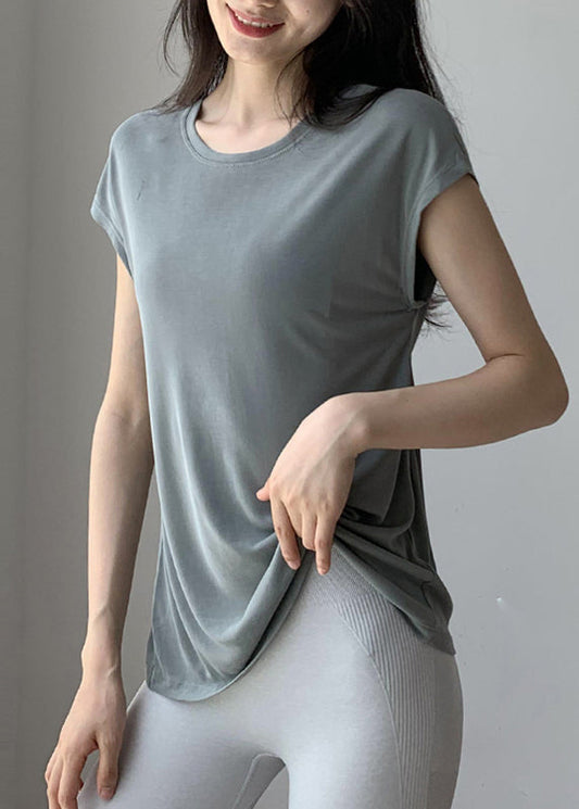 Blackish Solid Brief Wrinkled Sleeve O-Neck Short Green Top Yoga FashionChic