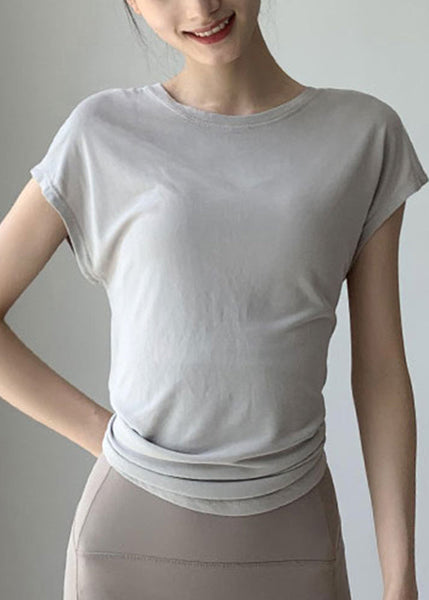 Blackish Solid Brief Wrinkled Sleeve O-Neck Short Green Top Yoga FashionChic