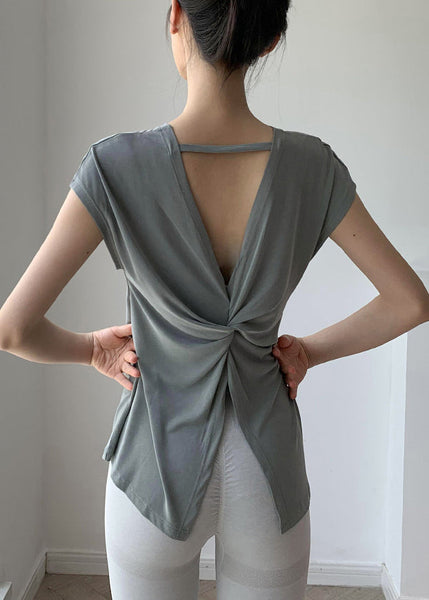 Blackish Solid Brief Wrinkled Sleeve O-Neck Short Green Top Yoga FashionChic