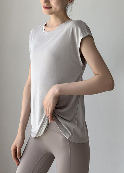 Blackish Solid Brief Wrinkled Sleeve O-Neck Short Green Top Yoga FashionChic