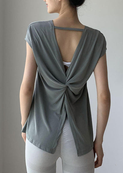 Blackish Solid Brief Wrinkled Sleeve O-Neck Short Green Top Yoga FashionChic