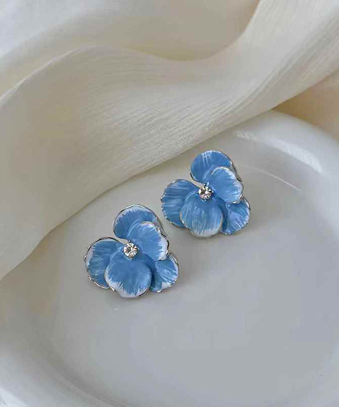 Earrings Brief Zircon Blue Alloy Floral Stud FashionChic