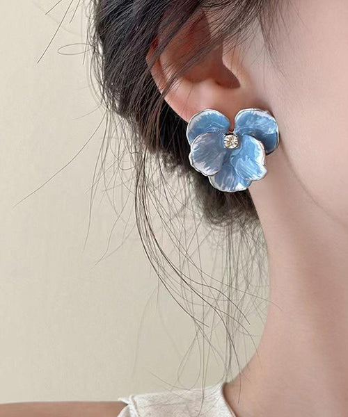 Earrings Brief Zircon Blue Alloy Floral Stud FashionChic