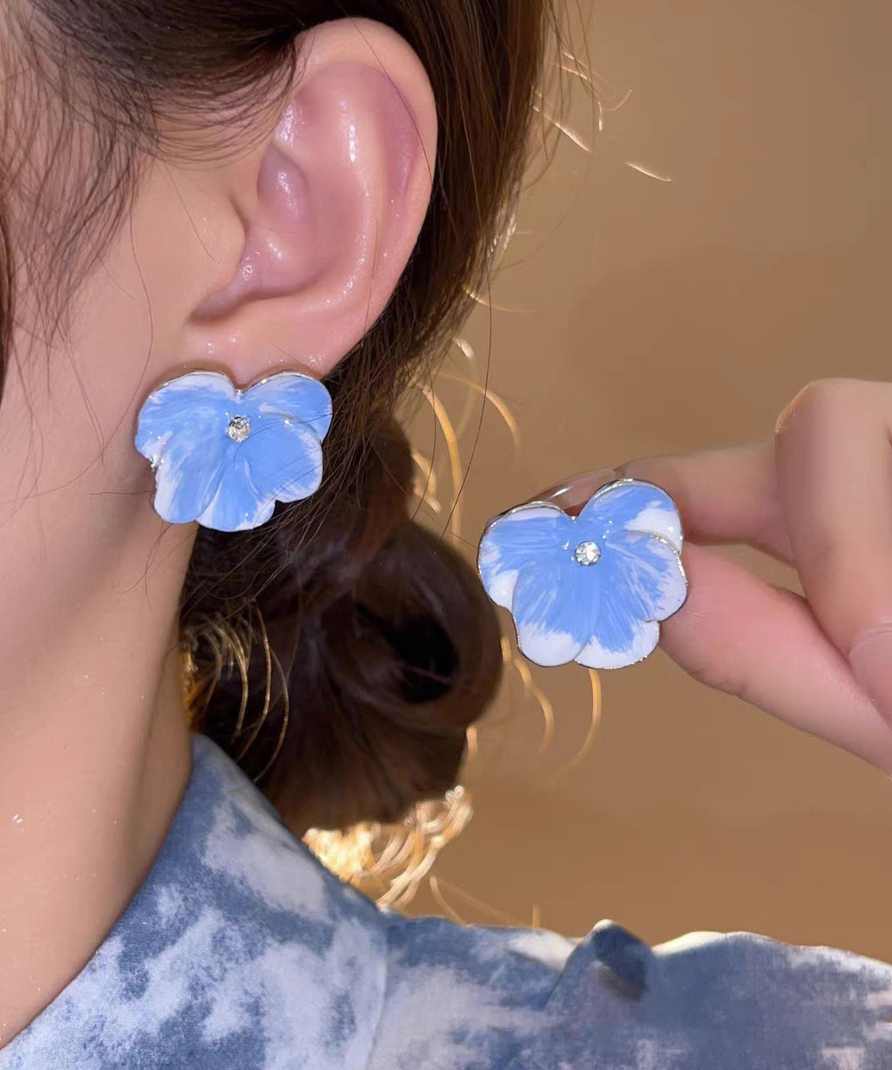 Earrings Brief Zircon Blue Alloy Floral Stud FashionChic