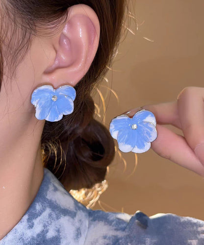 Earrings Brief Zircon Blue Alloy Floral Stud FashionChic