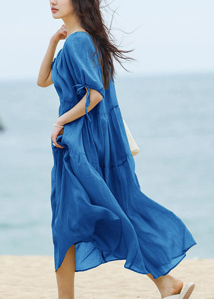 Brief Blue O-Neck Patchwork Long Dresses Summer WW024 OL-SDL240812