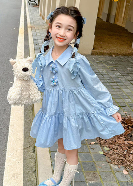 Brief Blue Peter Pan Collar Patchwork Floral Button Girls Maxi Dresses Long Sleeve YE030 ABC