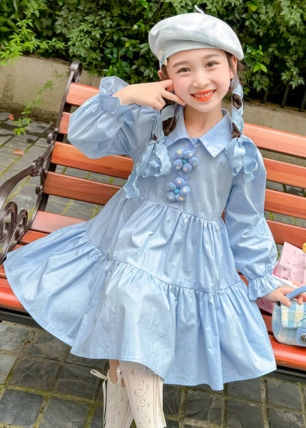 Brief Blue Peter Pan Collar Patchwork Floral Button Girls Maxi Dresses Long Sleeve YE030 ABC
