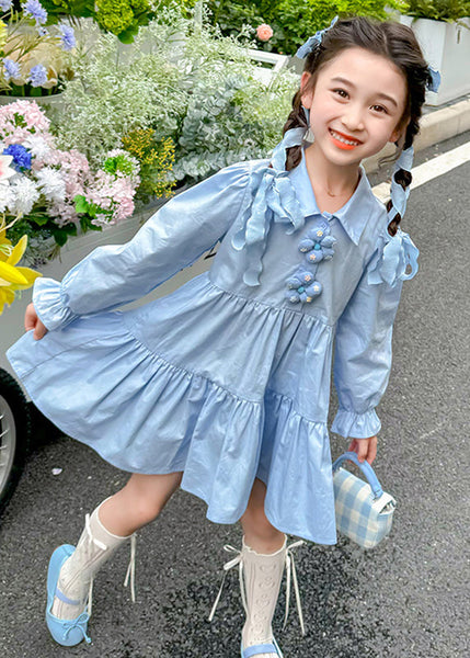 Brief Blue Peter Pan Collar Patchwork Floral Button Girls Maxi Dresses Long Sleeve YE030 ABC
