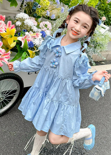 Brief Blue Peter Pan Collar Patchwork Floral Button Girls Maxi Dresses Long Sleeve YE030 ABC