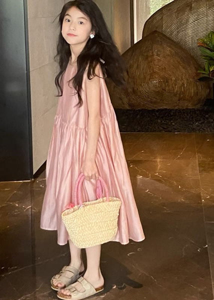 Brief Pink O-Neck Patchwork Solid Silk Kids Maxi Dresses Summer GF009 MM-RCTZ-SDL230724