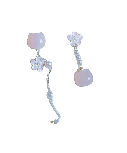 Brief Pink Sterling Silver Asymmetry Pearl Floral Cats Tassel Drop Earrings QI069 JEW-EAR240928