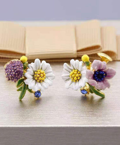 Brief Rainbow Sterling Silver Asymmetrical Enamel Floral Stud Earrings ZZ065 JEW-EAR240613