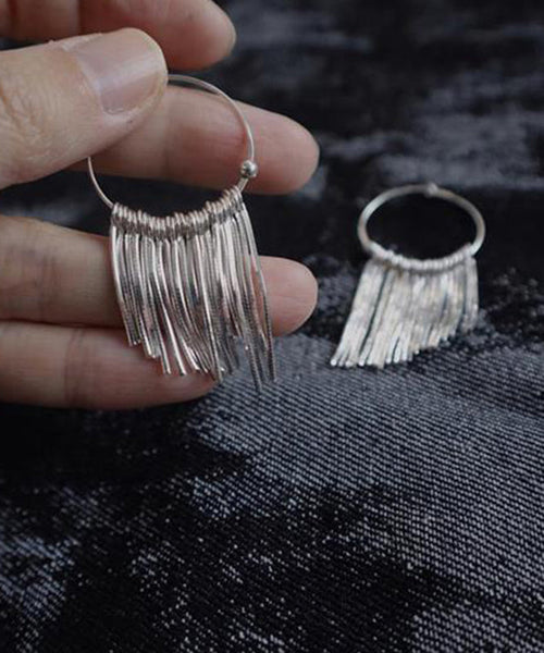 Tassel Waterfall Silk 925 Brief Hoop Earrings Silver FashionChic