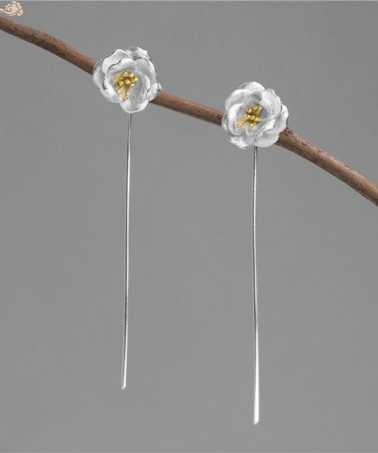 Brief Silk Sterling Silver Camellia Flower Tassel Drop Earrings QQ028 JEW-EAR240811