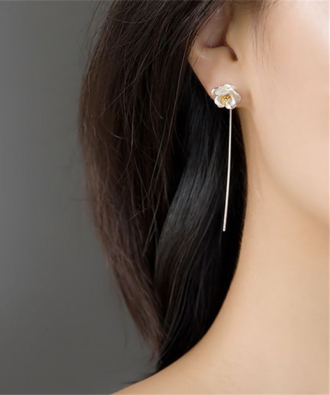 Brief Silk Sterling Silver Camellia Flower Tassel Drop Earrings QQ028 JEW-EAR240811