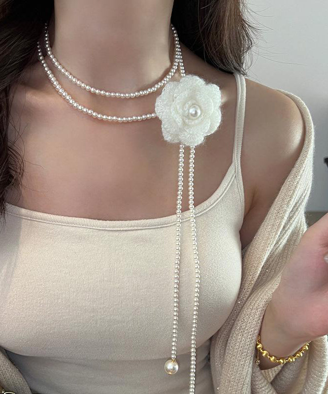 Brief White Alloy Camellia Pearl Beading Double Layered Pendant Necklace YU023 ABC