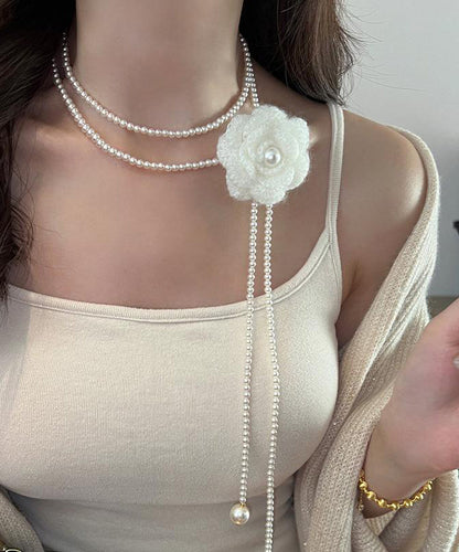 Brief White Alloy Camellia Pearl Beading Double Layered Pendant Necklace YU023 ABC