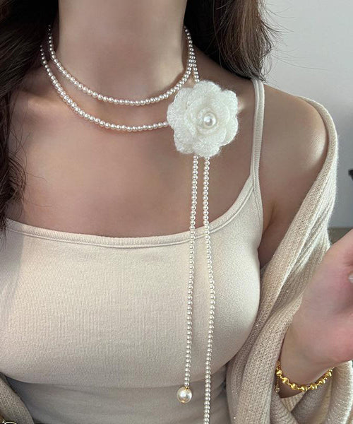 Brief White Alloy Camellia Pearl Beading Double Layered Pendant Necklace YU023 ABC