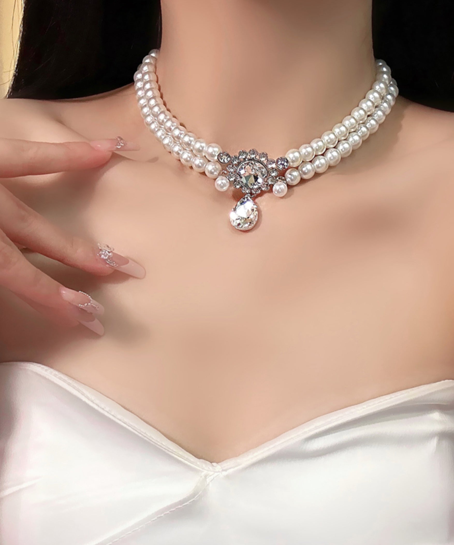 Brief White Alloy Zircon Double Layer Pearl Pendant Necklace QJ039 JEW-NLC241021