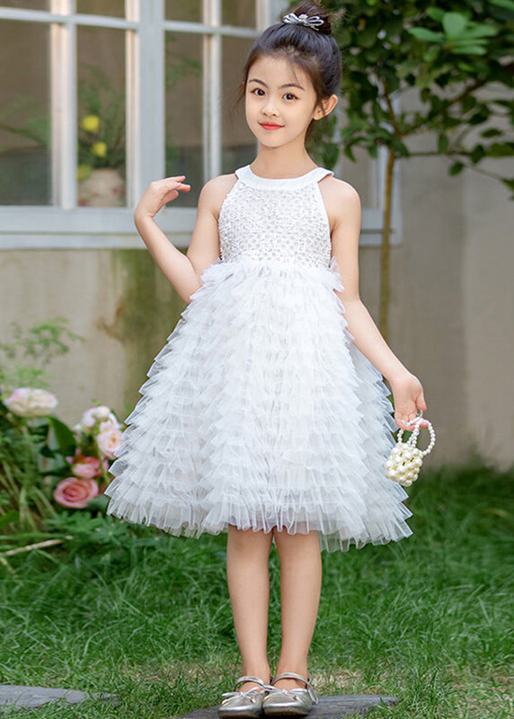 Brief White Bow Patchwork Tulle Kids Maxi Dress Summer EW029 WS-JRTZSDL240810