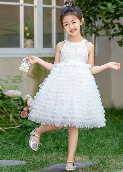 Brief White Bow Patchwork Tulle Kids Maxi Dress Summer EW029 WS-JRTZSDL240810