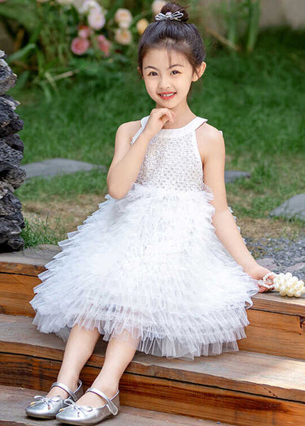 Brief White Bow Patchwork Tulle Kids Maxi Dress Summer EW029 WS-JRTZSDL240810