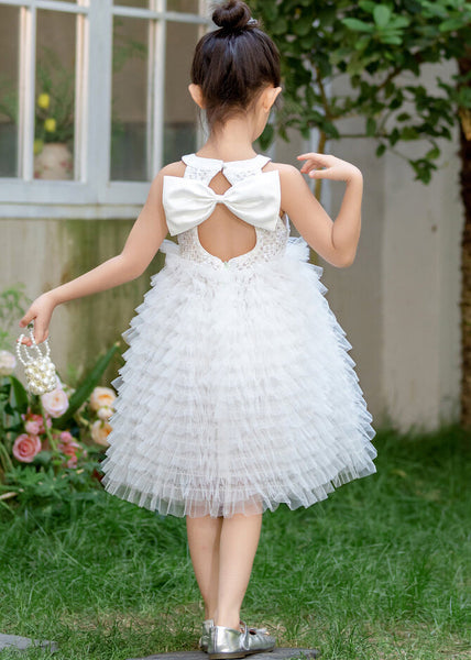 Brief White Bow Patchwork Tulle Kids Maxi Dress Summer EW029 WS-JRTZSDL240810