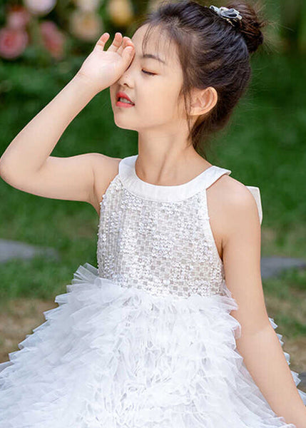 Brief White Bow Patchwork Tulle Kids Maxi Dress Summer EW029 WS-JRTZSDL240810