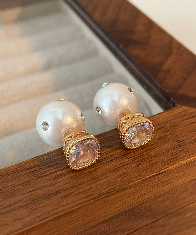 Brief White Copper Inlaid Zircon Pearl Stud Earrings QQ025 JEW-EAR240811