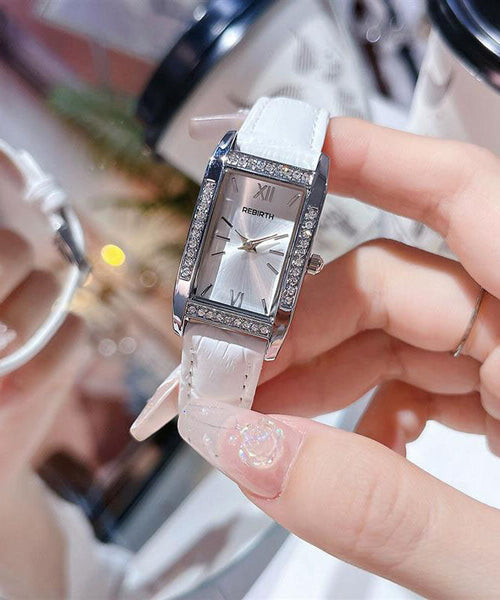 Brief Zircon Watches Leather White Square FashionChic