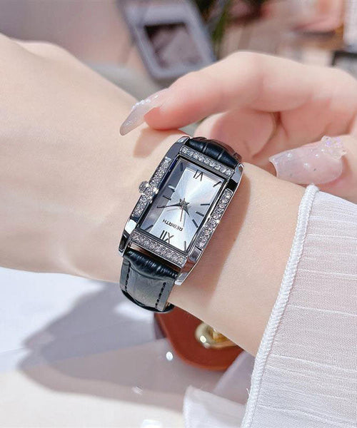Brief Zircon Watches Leather White Square FashionChic