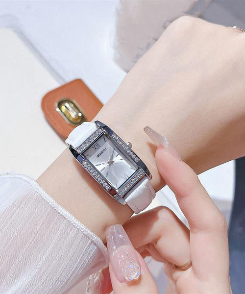 Brief Zircon Watches Leather White Square FashionChic