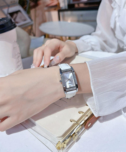 Brief Zircon Watches Leather White Square FashionChic