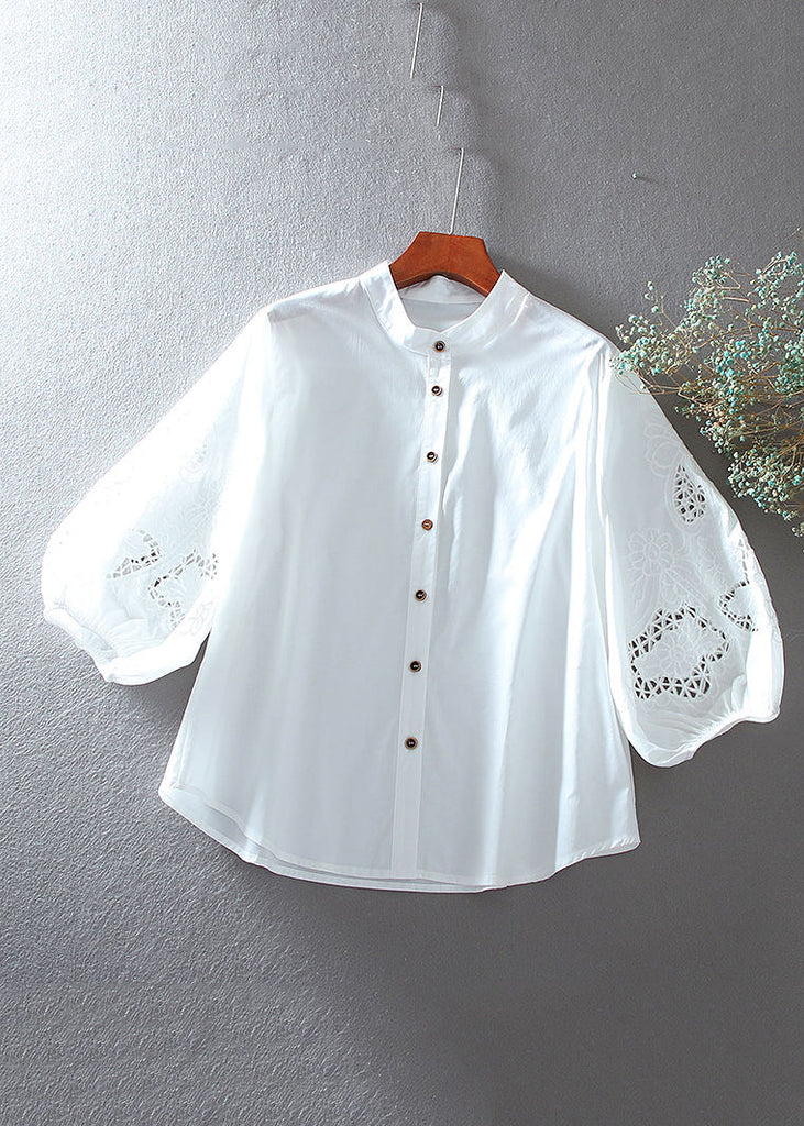 Brief White O-Neck Hollow Out Cotton Shirt Bracelet Sleeve VV038 HS-LTP240627