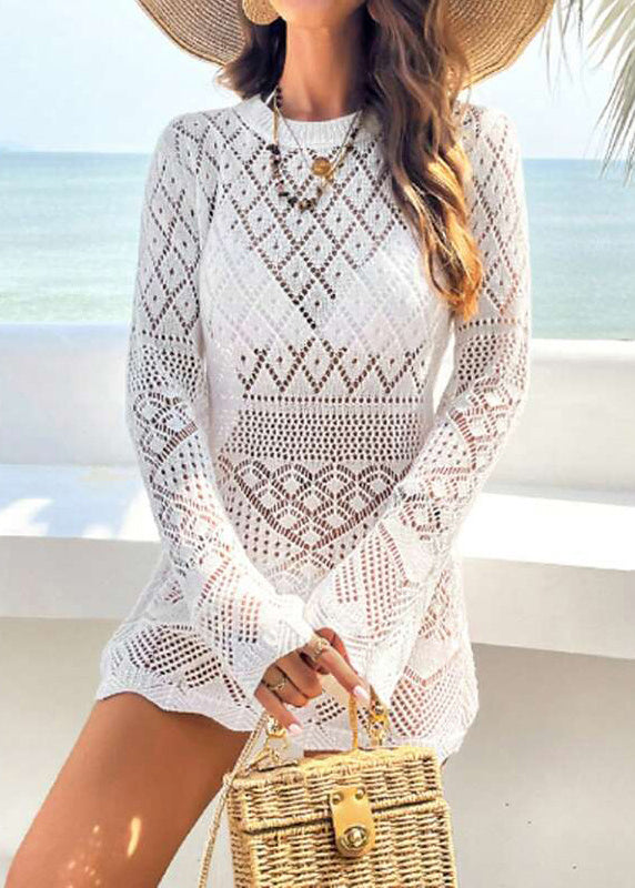 Brief White O-Neck Hollow Out Holiday Knit Cover Up Swimwear VC055 WM-Beach-TP240615